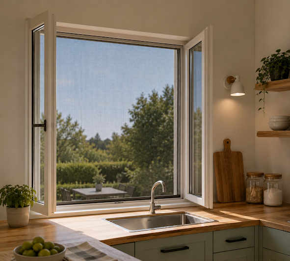 Moustiquaire enroulable installée dans une cuisine